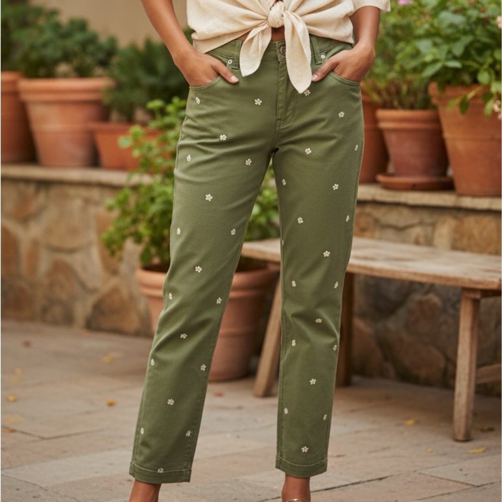 Embroidered Daisy Chino Pants Straight Leg Cotton XS Driftwood x Free People